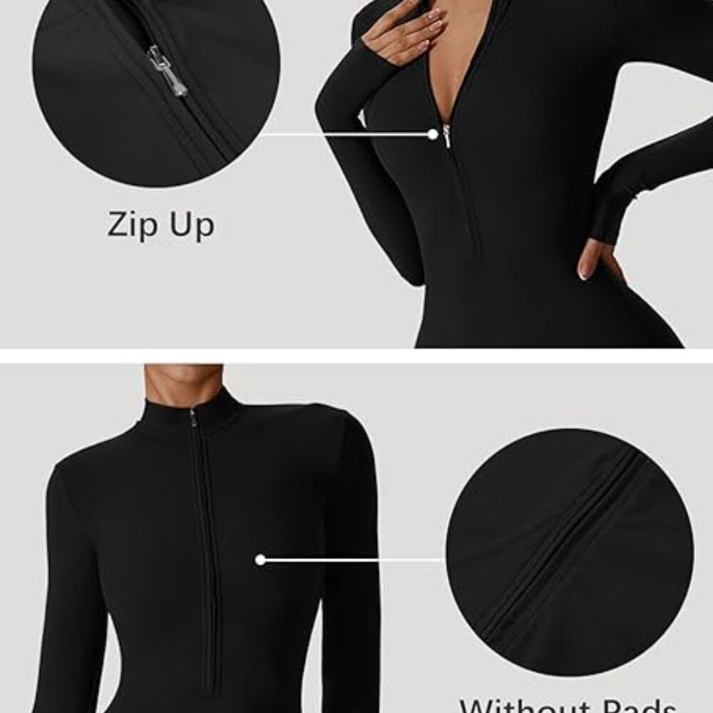 Womens  Workout Jumpsuit Zip Up Rompers Long Sleeve Yoga Unitard Full  Length - Picture 3 of 16